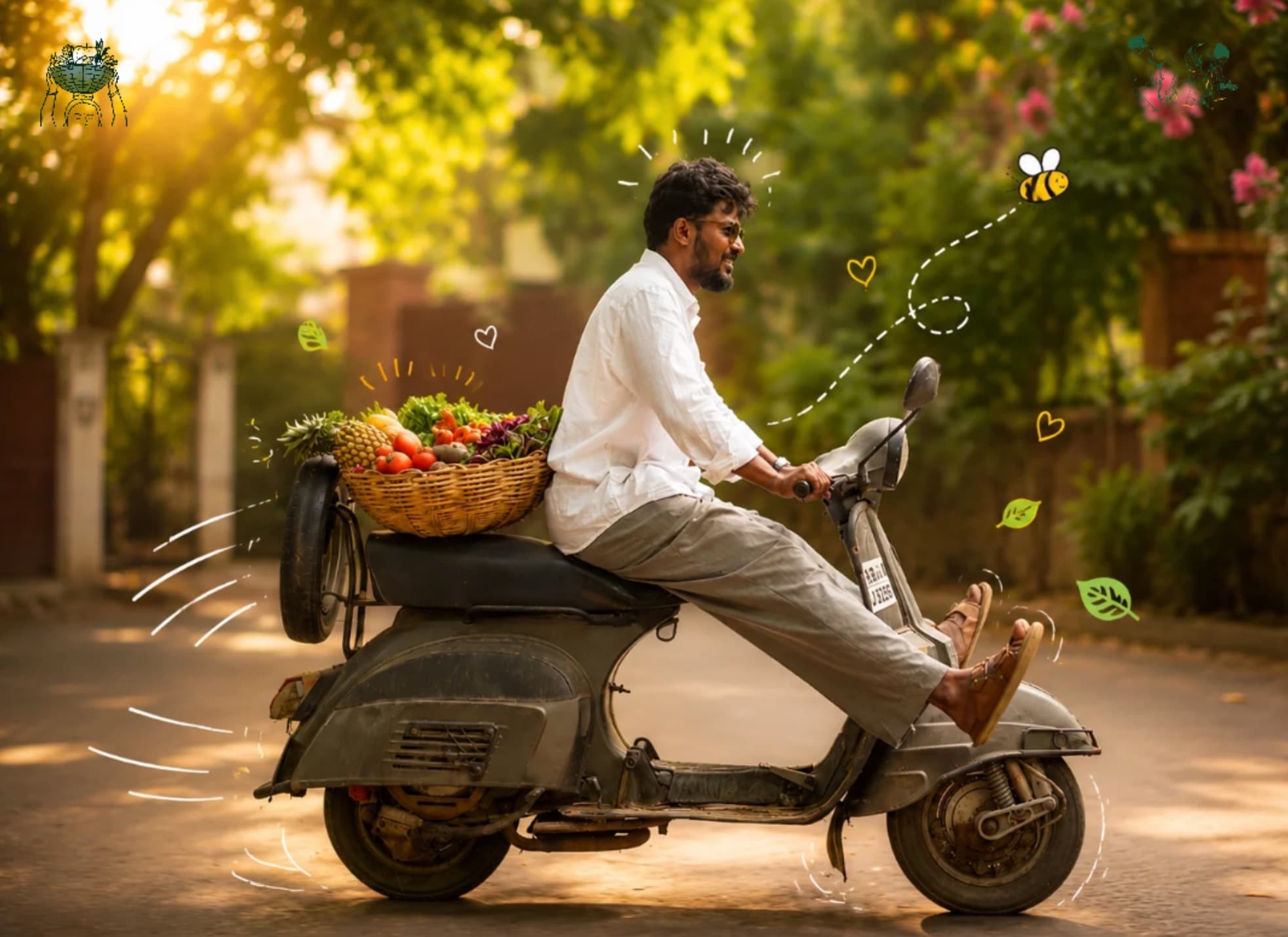 A Jaivik Butti rider delivering a basket of fresh vegetables and fruit through a Bengaluru street